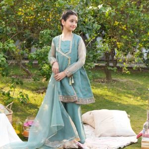 Mint Green Embroidered Girls 3 PC Suit