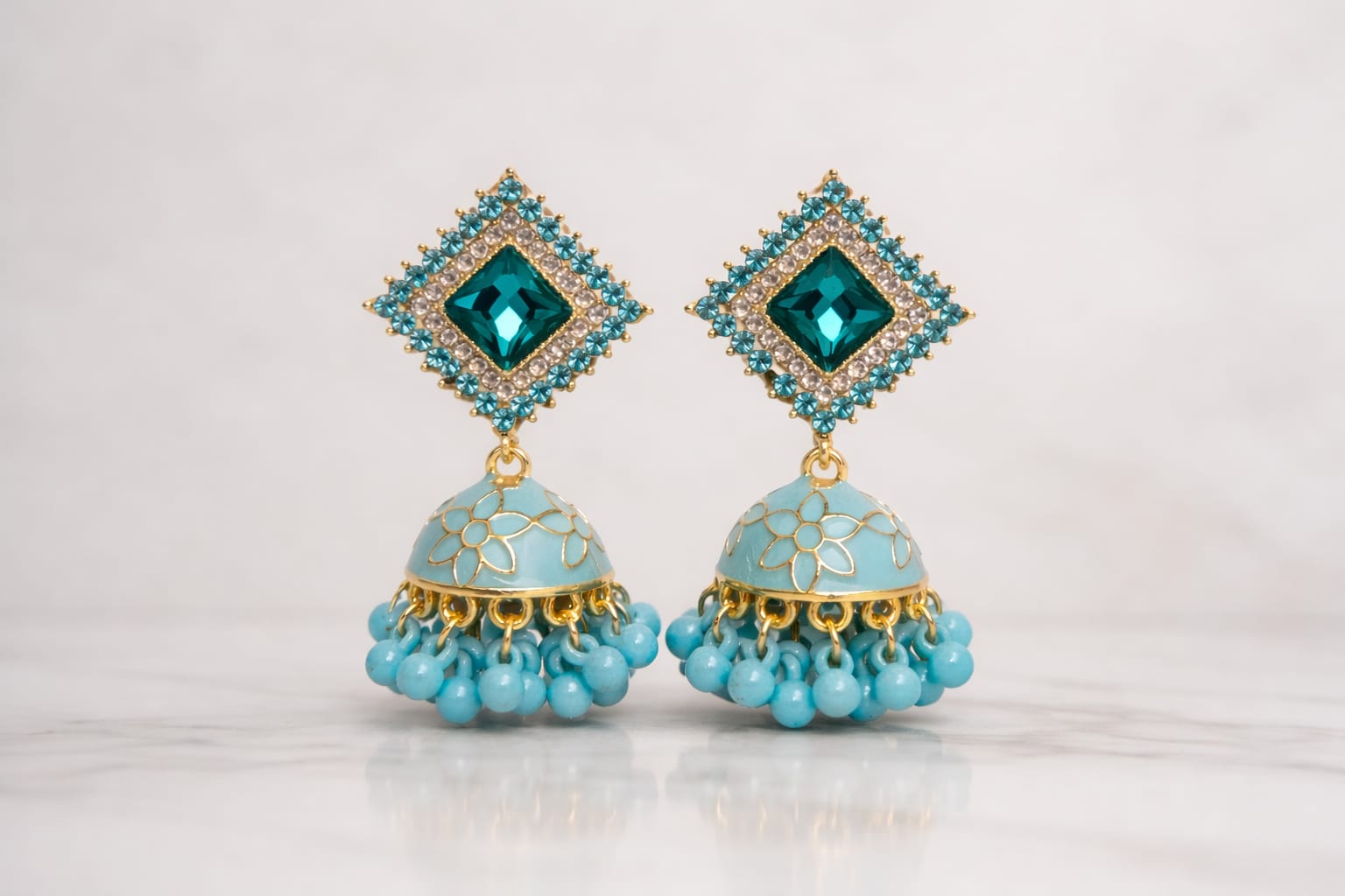 Turquoise Crystal Jhumka Earrings –